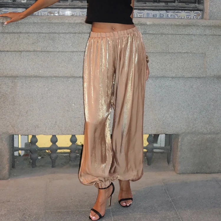 Mueyaruho 2026 Summer Autumn Women Shimmer Lantern Bloomers Pants Loose Crepe Baggy Harem Balloon Trousers Pants For Women