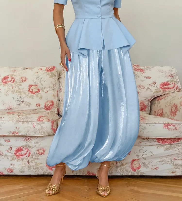 Mueyaruho 2026 Summer Autumn Women Shimmer Lantern Bloomers Pants Loose Crepe Baggy Harem Balloon Trousers Pants For Women