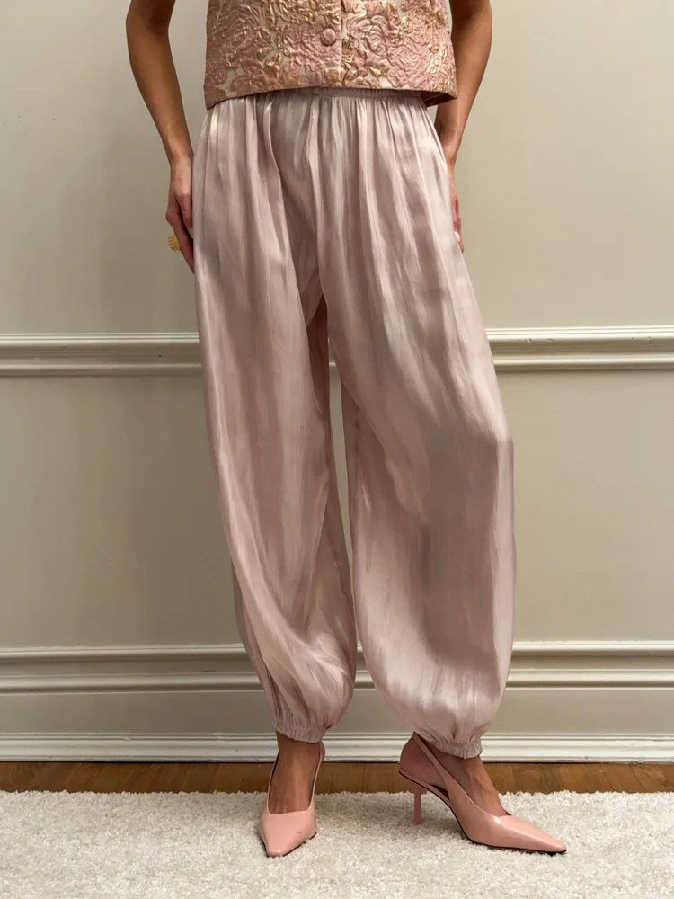 Mueyaruho 2026 Summer Autumn Women Shimmer Lantern Bloomers Pants Loose Crepe Baggy Harem Balloon Trousers Pants For Women