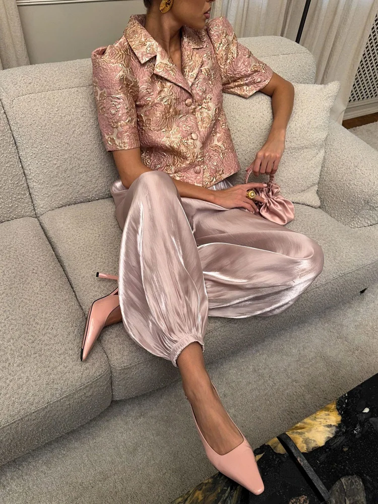 Mueyaruho 2026 Summer Autumn Women Shimmer Lantern Bloomers Pants Loose Crepe Baggy Harem Balloon Trousers Pants For Women