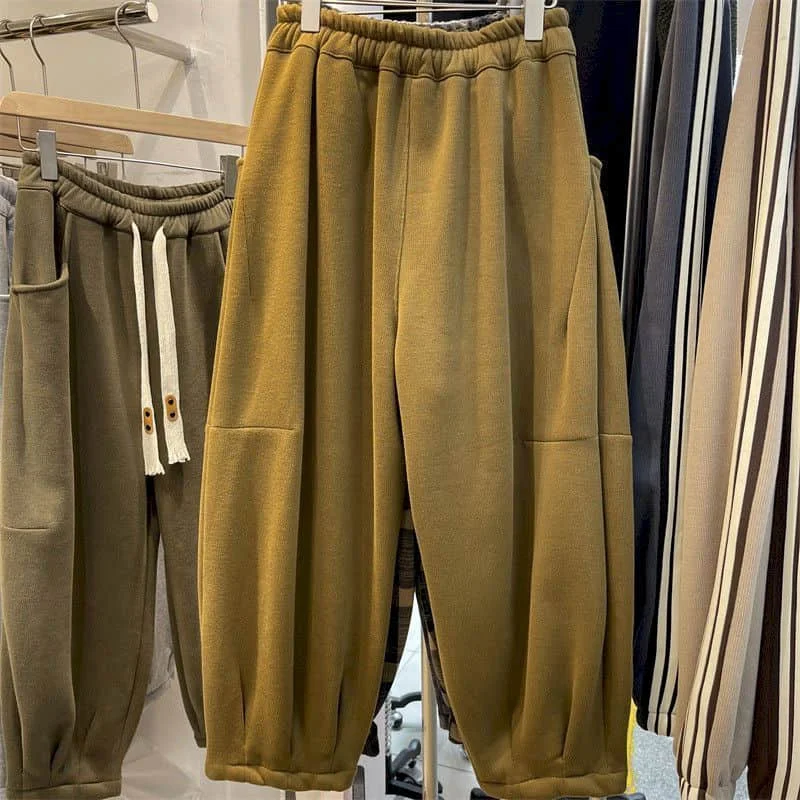 Cargo Pants Women Sporty Solid Plush Sweatpants Korean Style Casual Drawstring Elastic Waisted Streetwear Clothing Harem Pants