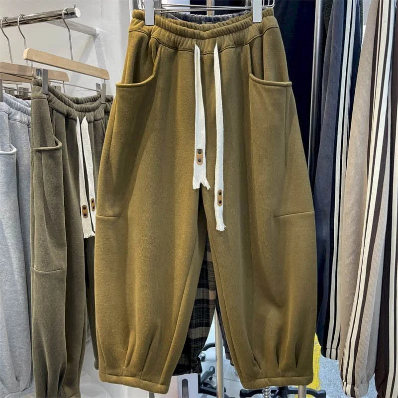 Cargo Pants Women Sporty Solid Plush Sweatpants Korean Style Casual Drawstring Elastic Waisted Streetwear Clothing Harem Pants