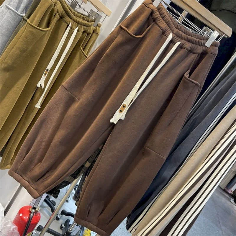 Cargo Pants Women Sporty Solid Plush Sweatpants Korean Style Casual Drawstring Elastic Waisted Streetwear Clothing Harem Pants
