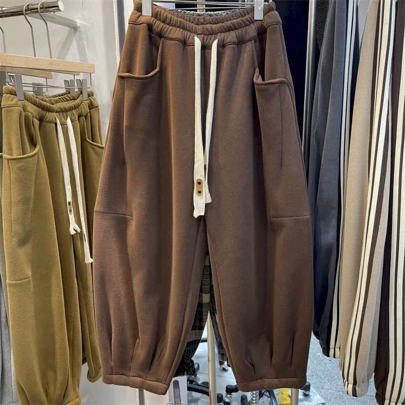 Cargo Pants Women Sporty Solid Plush Sweatpants Korean Style Casual Drawstring Elastic Waisted Streetwear Clothing Harem Pants