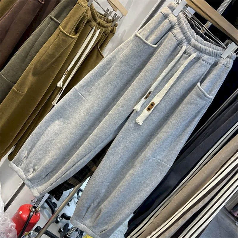 Cargo Pants Women Sporty Solid Plush Sweatpants Korean Style Casual Drawstring Elastic Waisted Streetwear Clothing Harem Pants