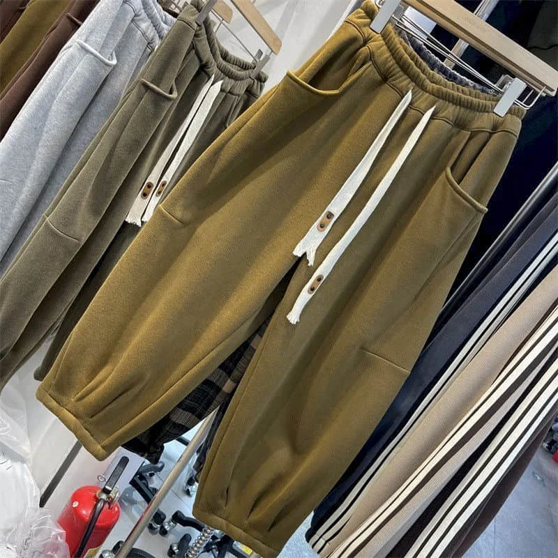 Cargo Pants Women Sporty Solid Plush Sweatpants Korean Style Casual Drawstring Elastic Waisted Streetwear Clothing Harem Pants