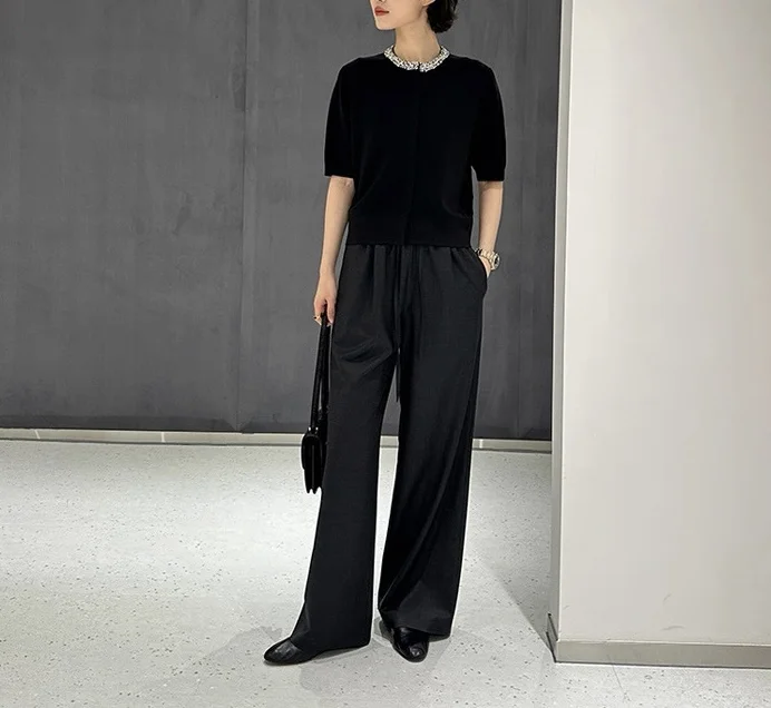 Women's Wool Straight-Leg Pants with Elastic Waistband – Spring 2026 New Arrival