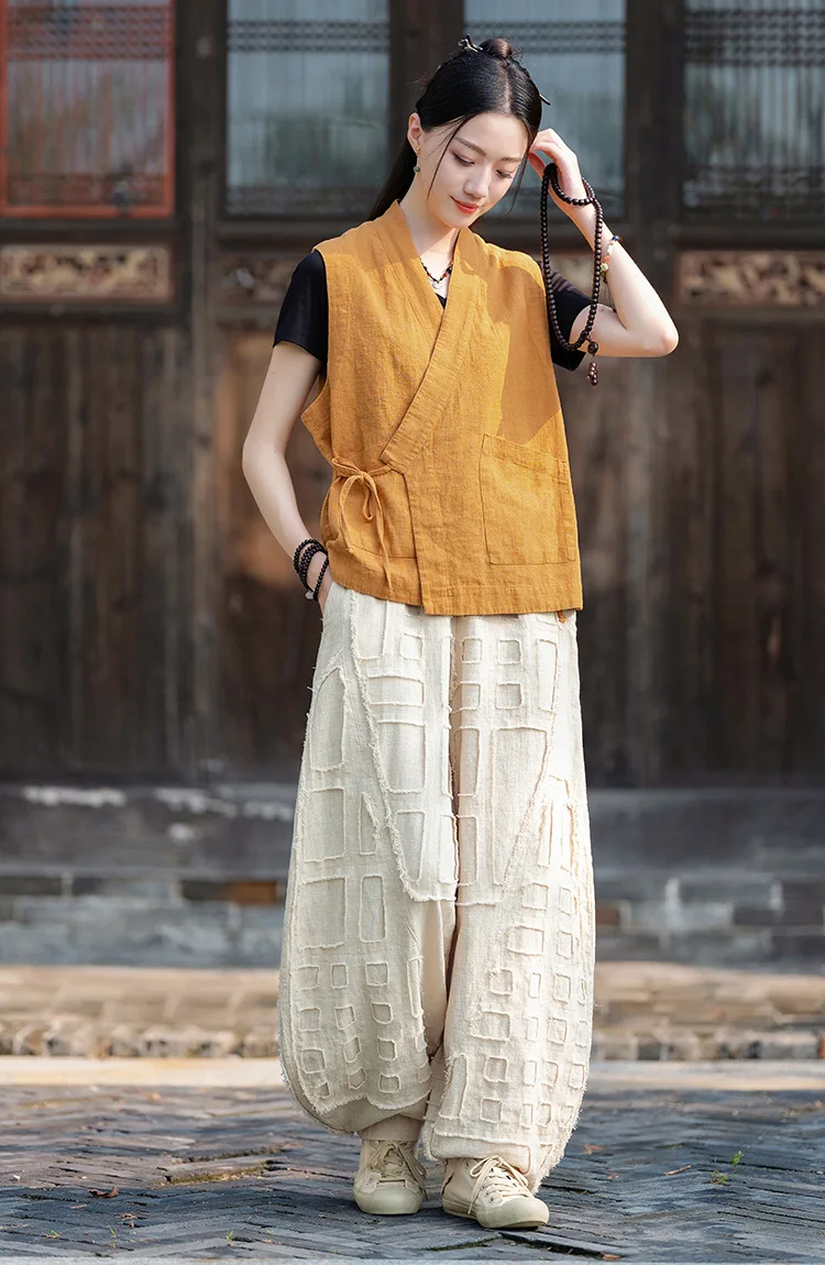 Johnature Women Vintage Linen Cotton Bloomers Pants Elastic Waist Solid Color Trousers 2025 Autumn New Loose Women Pants