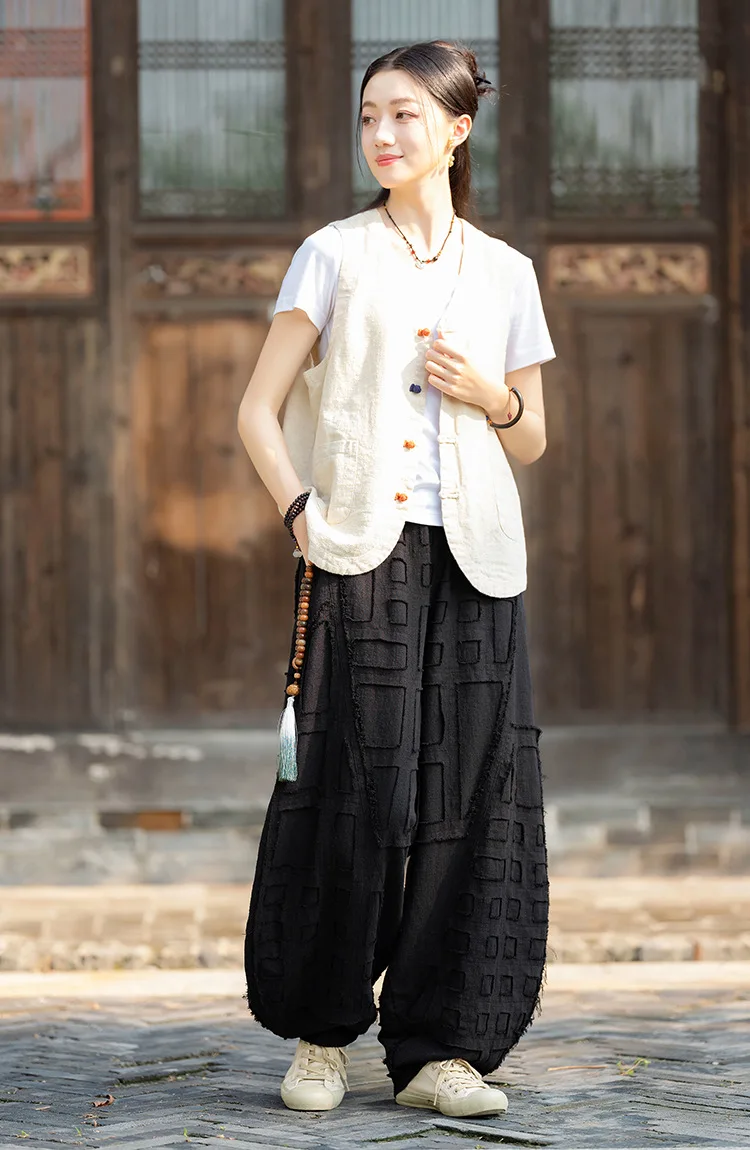 Johnature Women Vintage Linen Cotton Bloomers Pants Elastic Waist Solid Color Trousers 2025 Autumn New Loose Women Pants
