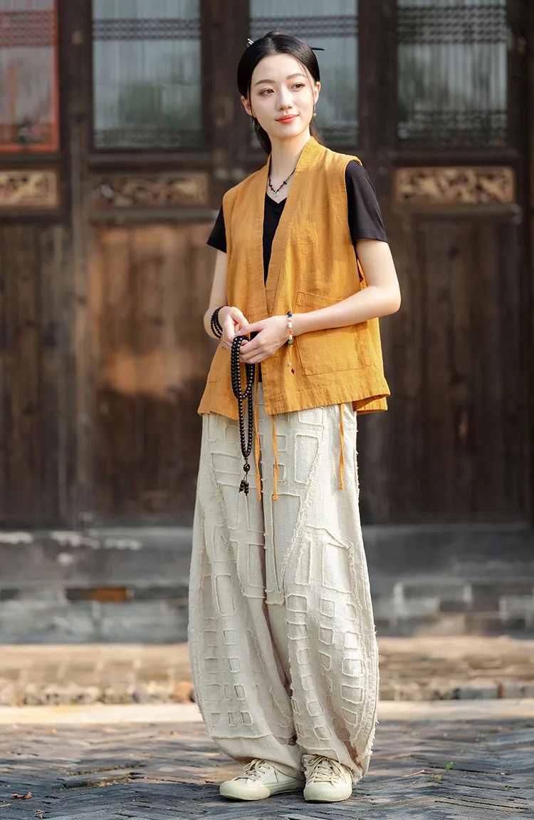 Johnature Women Vintage Linen Cotton Bloomers Pants Elastic Waist Solid Color Trousers 2025 Autumn New Loose Women Pants