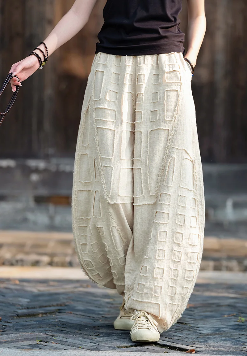 Johnature Women Vintage Linen Cotton Bloomers Pants Elastic Waist Solid Color Trousers 2025 Autumn New Loose Women Pants