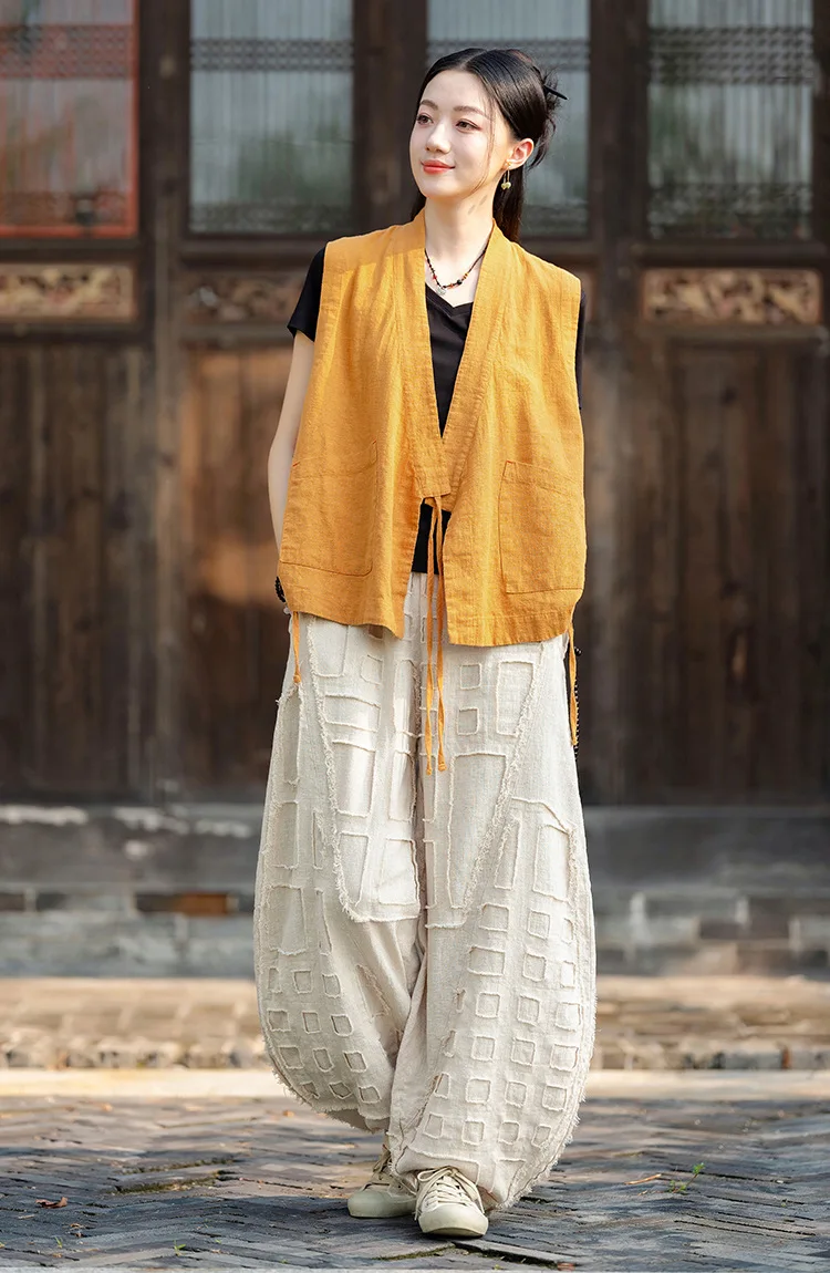 Johnature Women Vintage Linen Cotton Bloomers Pants Elastic Waist Solid Color Trousers 2025 Autumn New Loose Women Pants