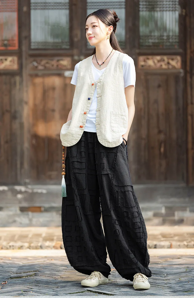 Johnature Women Vintage Linen Cotton Bloomers Pants Elastic Waist Solid Color Trousers 2025 Autumn New Loose Women Pants
