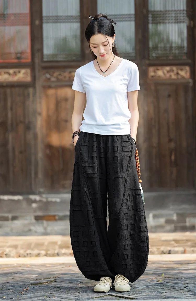 Johnature Women Vintage Linen Cotton Bloomers Pants Elastic Waist Solid Color Trousers 2025 Autumn New Loose Women Pants
