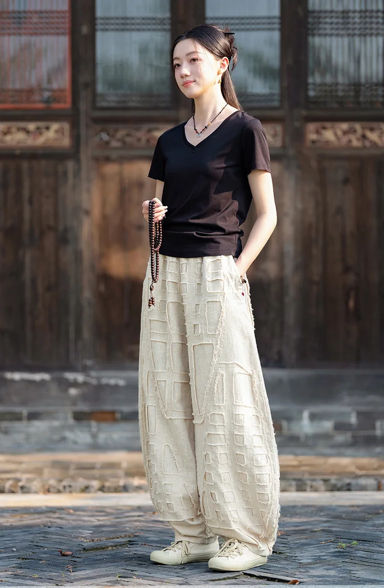 Johnature Women Vintage Linen Cotton Bloomers Pants Elastic Waist Solid Color Trousers 2025 Autumn New Loose Women Pants