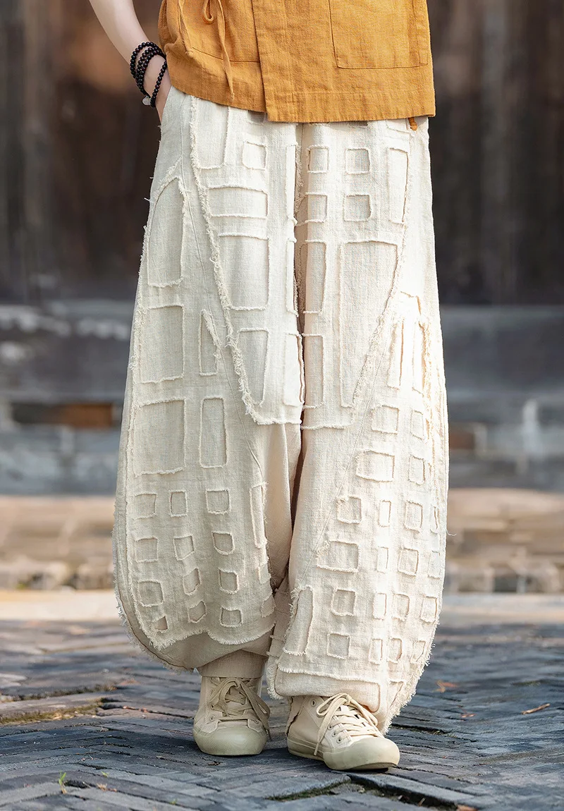 Johnature Women Vintage Linen Cotton Bloomers Pants Elastic Waist Solid Color Trousers 2025 Autumn New Loose Women Pants