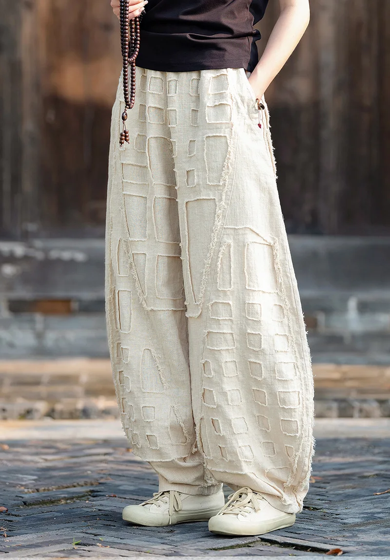 Johnature Women Vintage Linen Cotton Bloomers Pants Elastic Waist Solid Color Trousers 2025 Autumn New Loose Women Pants