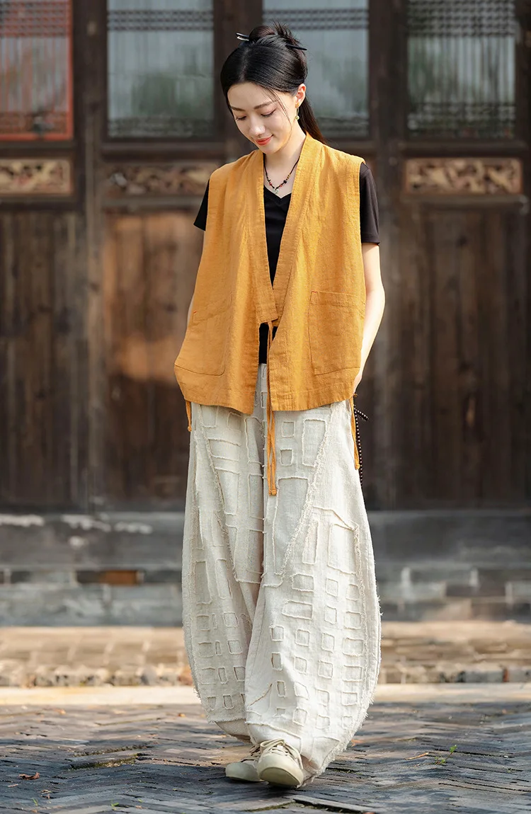 Johnature Women Vintage Linen Cotton Bloomers Pants Elastic Waist Solid Color Trousers 2025 Autumn New Loose Women Pants