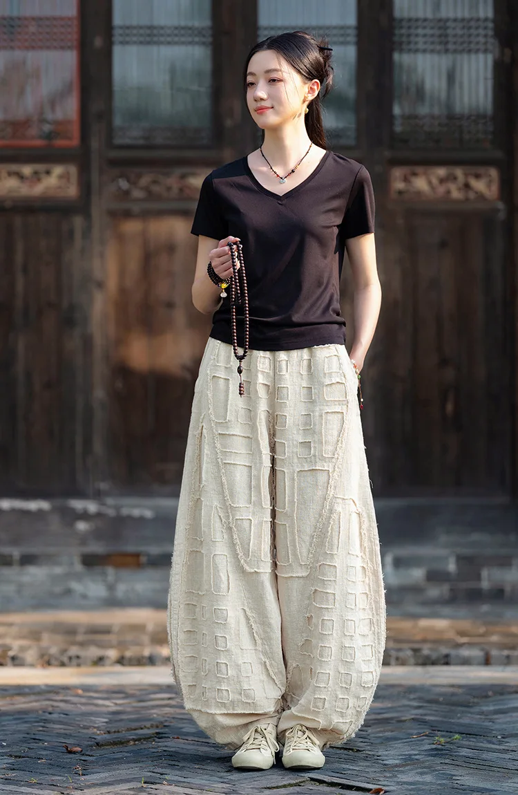 Johnature Women Vintage Linen Cotton Bloomers Pants Elastic Waist Solid Color Trousers 2025 Autumn New Loose Women Pants
