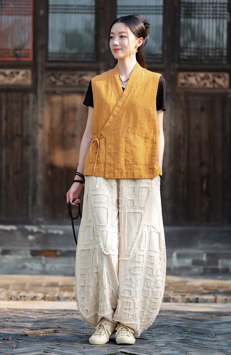 Johnature Women Vintage Linen Cotton Bloomers Pants Elastic Waist Solid Color Trousers 2025 Autumn New Loose Women Pants
