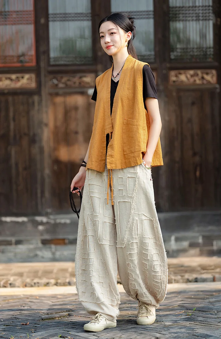 Johnature Women Vintage Linen Cotton Bloomers Pants Elastic Waist Solid Color Trousers 2025 Autumn New Loose Women Pants