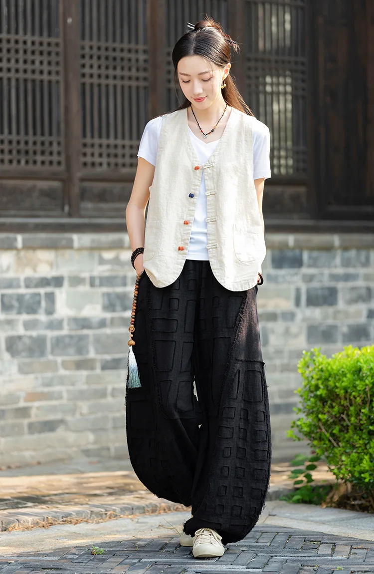 Johnature Women Vintage Linen Cotton Bloomers Pants Elastic Waist Solid Color Trousers 2025 Autumn New Loose Women Pants
