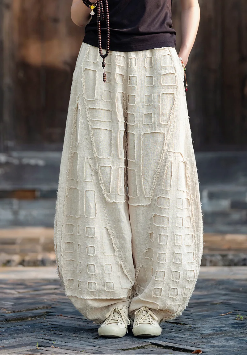 Johnature Women Vintage Linen Cotton Bloomers Pants Elastic Waist Solid Color Trousers 2025 Autumn New Loose Women Pants