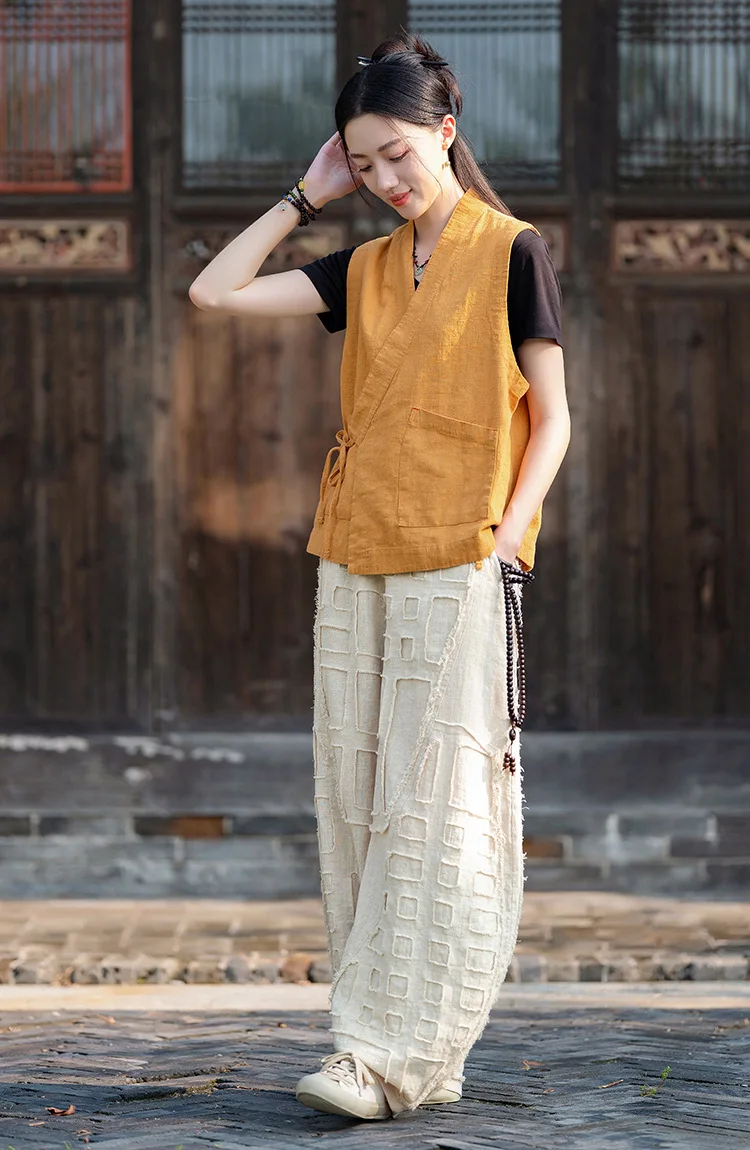 Johnature Women Vintage Linen Cotton Bloomers Pants Elastic Waist Solid Color Trousers 2025 Autumn New Loose Women Pants
