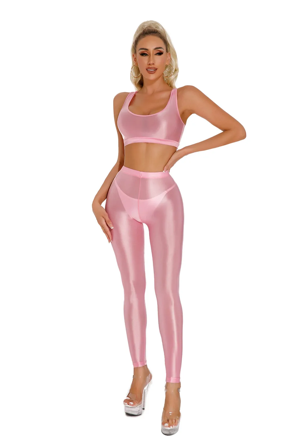 Sexy Shiny Pencil Pants Elastic Oil Glossy Tight Smooth Sheer See Through Leggings Dance Tights Candy Color Leotard