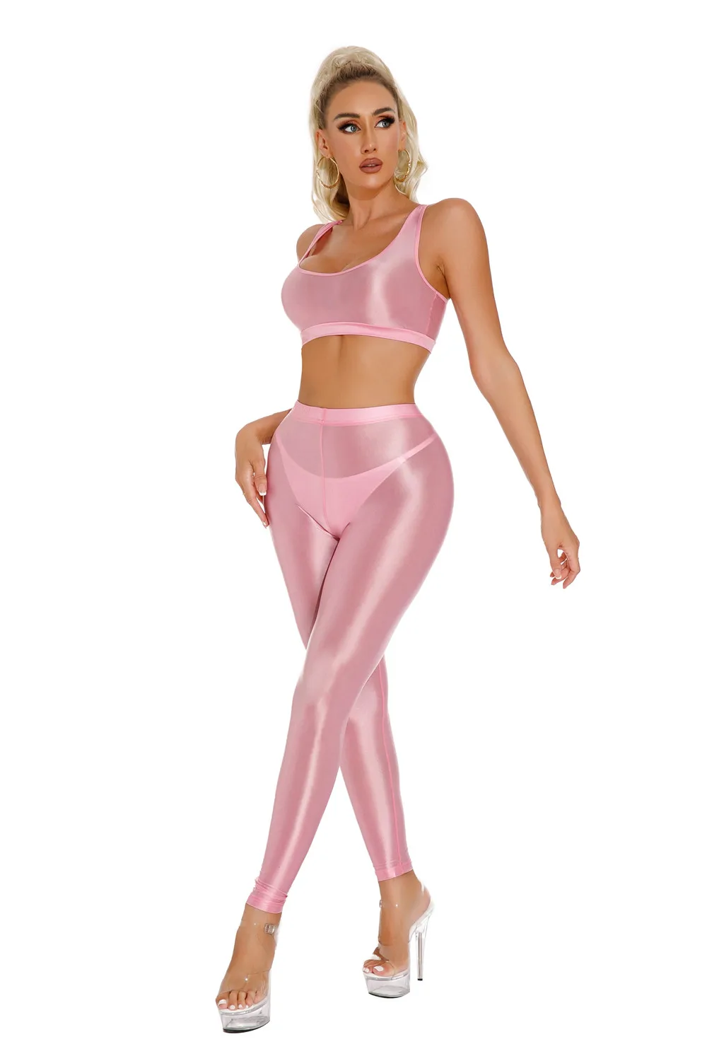 Sexy Shiny Pencil Pants Elastic Oil Glossy Tight Smooth Sheer See Through Leggings Dance Tights Candy Color Leotard