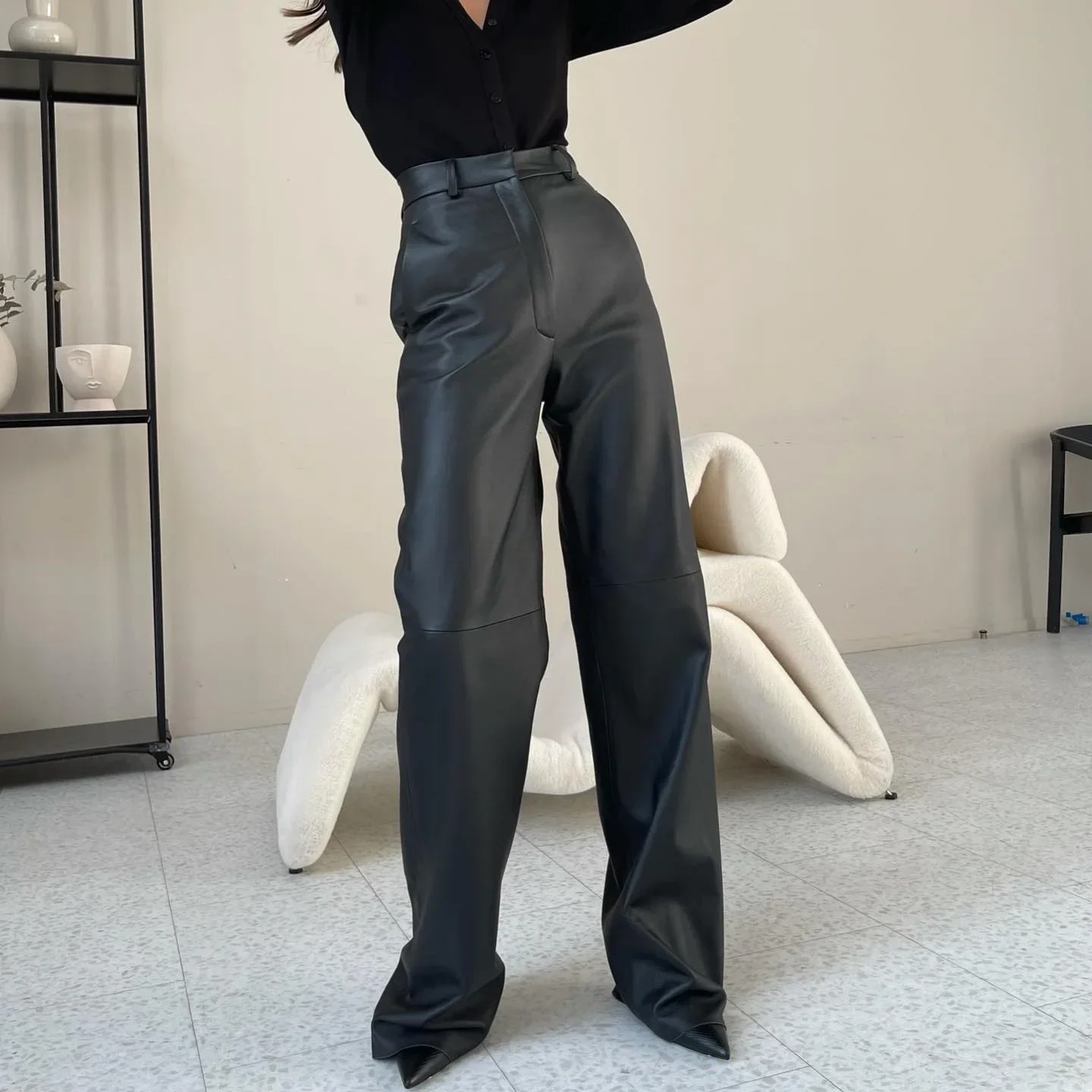 Women's Trousers Spring Fashion PU Leather Mid High Waist Lifting Hip Straight Leg Casual Women's Pants