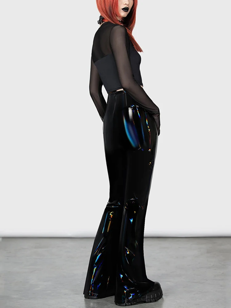Sexy Faux Latex Hollowed Out Navel Flare Pants Women High Waist Gothic Zip Patent Leather Trousers Custom Wet Look Slim Pants