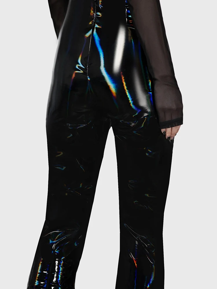 Sexy Faux Latex Hollowed Out Navel Flare Pants Women High Waist Gothic Zip Patent Leather Trousers Custom Wet Look Slim Pants