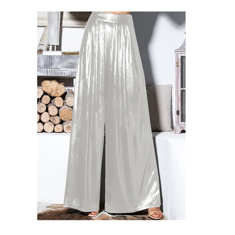 Ladies' Shiny Metallic High Waist Pleated Wide Legs Long Pants, Loose Trousers, Glitter Casual Street Fashion, Summer, 7XL