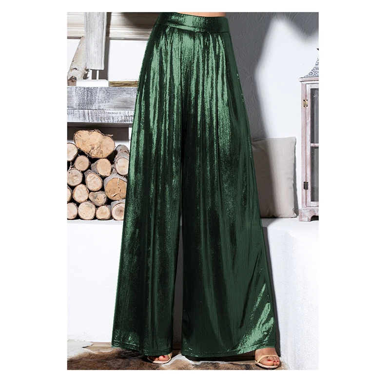 Ladies' Shiny Metallic High Waist Pleated Wide Legs Long Pants, Loose Trousers, Glitter Casual Street Fashion, Summer, 7XL