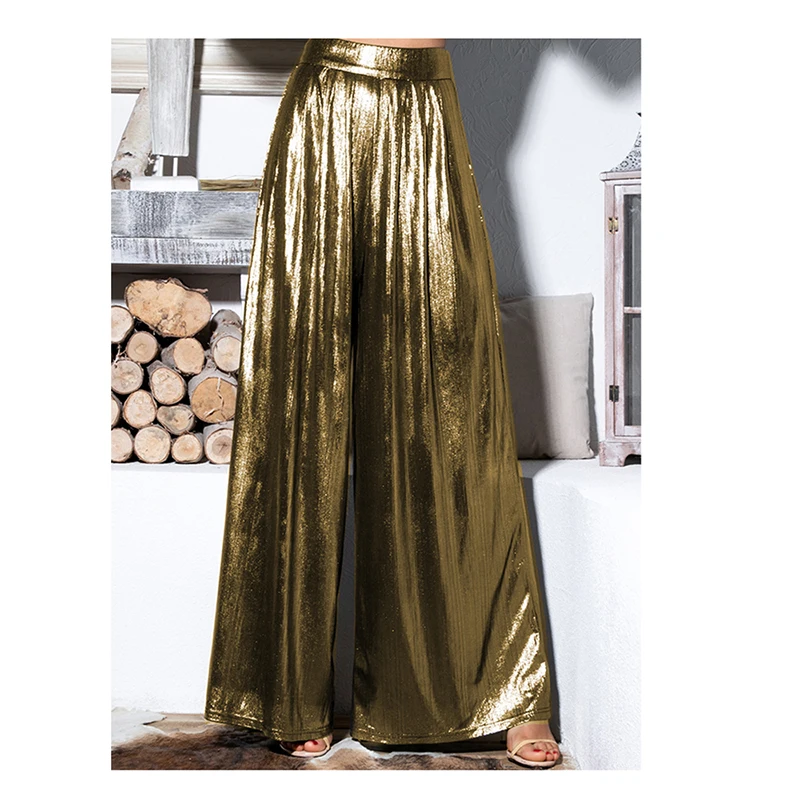 Ladies' Shiny Metallic High Waist Pleated Wide Legs Long Pants, Loose Trousers, Glitter Casual Street Fashion, Summer, 7XL