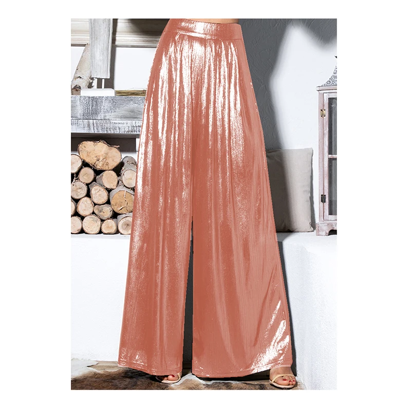 Ladies' Shiny Metallic High Waist Pleated Wide Legs Long Pants, Loose Trousers, Glitter Casual Street Fashion, Summer, 7XL