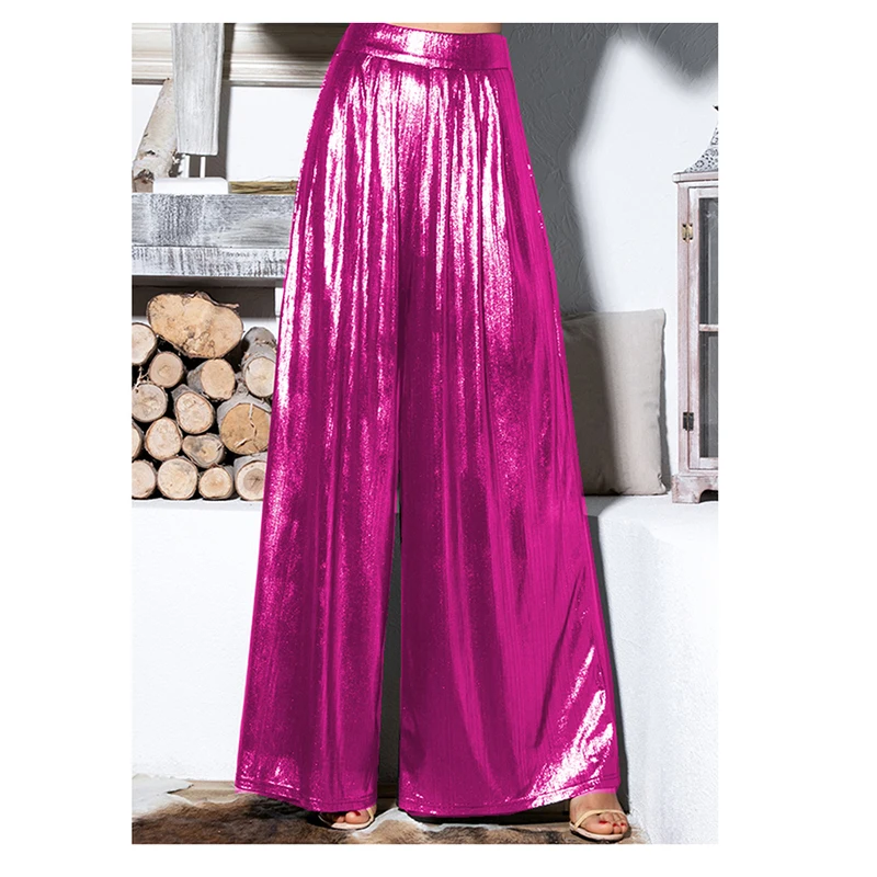 Ladies' Shiny Metallic High Waist Pleated Wide Legs Long Pants, Loose Trousers, Glitter Casual Street Fashion, Summer, 7XL