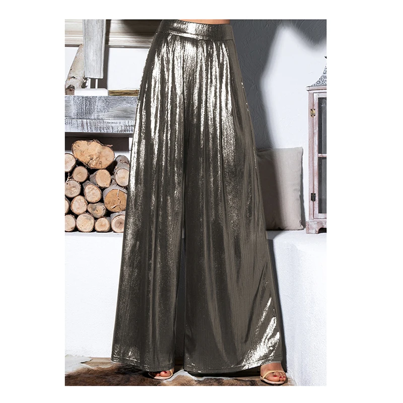Ladies' Shiny Metallic High Waist Pleated Wide Legs Long Pants, Loose Trousers, Glitter Casual Street Fashion, Summer, 7XL