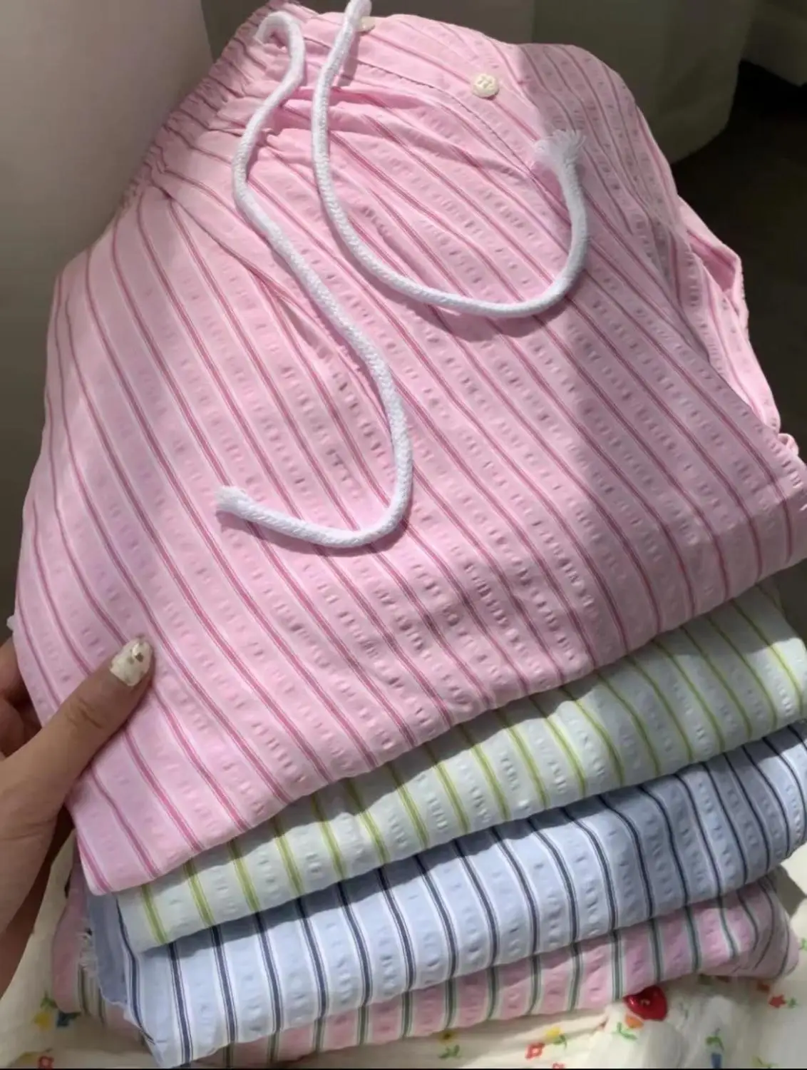 Sweet Pink High Waist Wide-legged Trousers Women 2025 New Korean Casual Striped Drawstring Loose Straight Pant Female