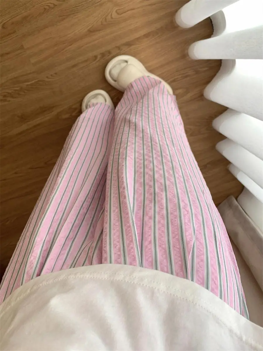Sweet Pink High Waist Wide-legged Trousers Women 2025 New Korean Casual Striped Drawstring Loose Straight Pant Female