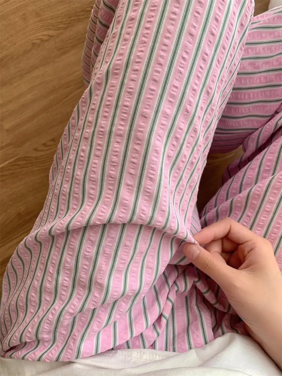 Sweet Pink High Waist Wide-legged Trousers Women 2025 New Korean Casual Striped Drawstring Loose Straight Pant Female