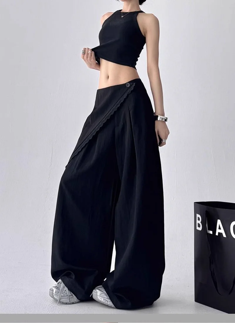 Zoki High Waist Streetwear Loose Pant Women Vintage Loose Design Wide Leg Trousers Casual All Match Summer Bf Hip Hop Pants New