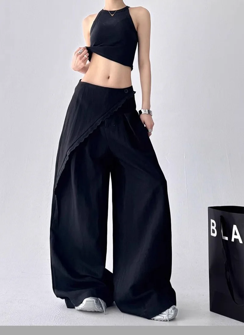 Zoki High Waist Streetwear Loose Pant Women Vintage Loose Design Wide Leg Trousers Casual All Match Summer Bf Hip Hop Pants New