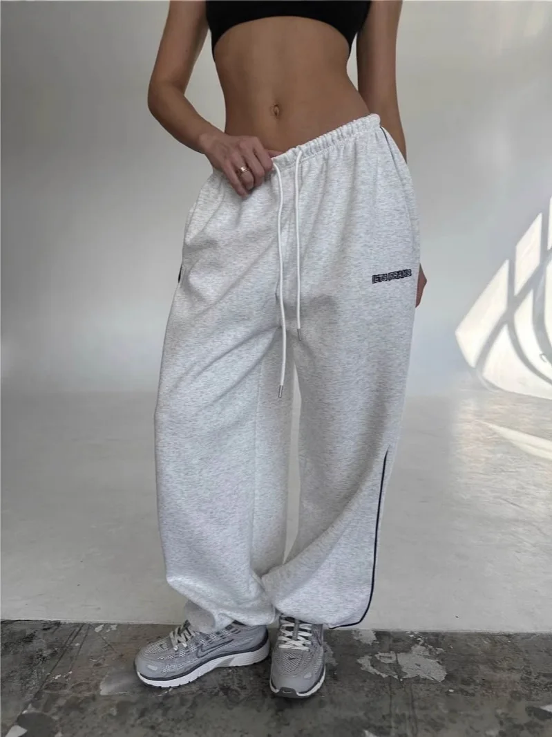Spring wide leg sports pants, loose straight leg casual pants, comfortable stripes, trendy prints for men and women