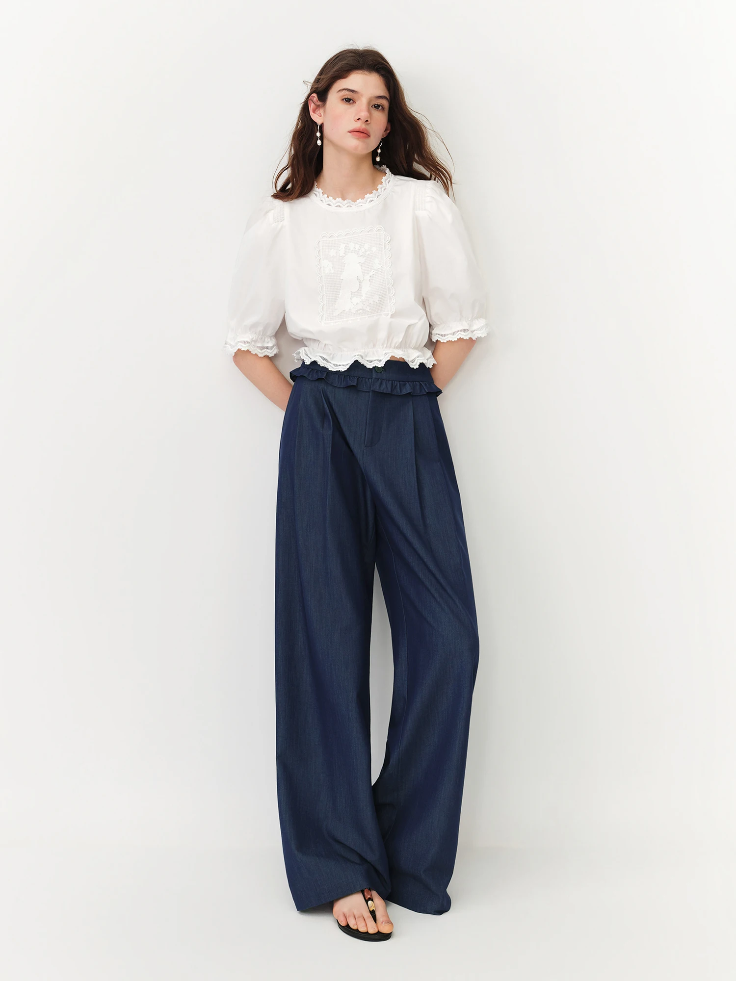 FSLE 2026 Summer Women Ruffle Trim Straight Leg Pants, High Waist Slimming Casual Trousers for Daily Commute Soft Feminine Style
