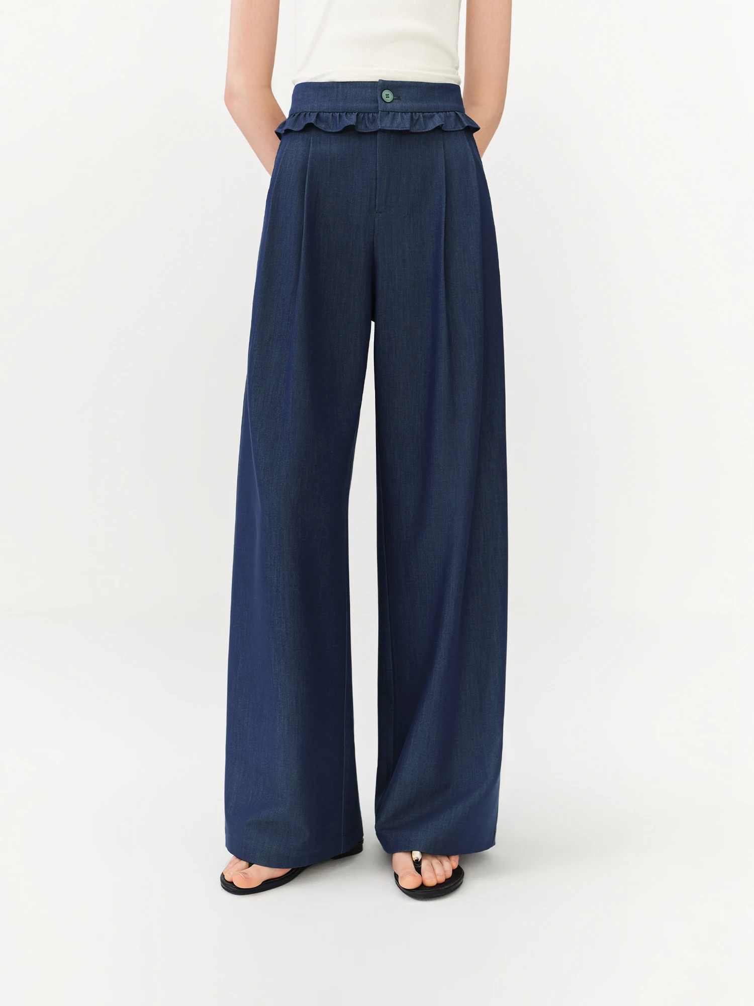 FSLE 2026 Summer Women Ruffle Trim Straight Leg Pants, High Waist Slimming Casual Trousers for Daily Commute Soft Feminine Style