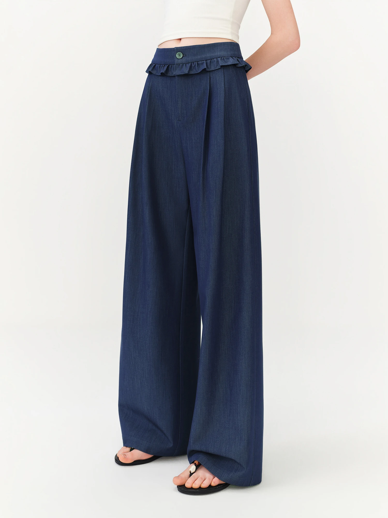 FSLE 2026 Summer Women Ruffle Trim Straight Leg Pants, High Waist Slimming Casual Trousers for Daily Commute Soft Feminine Style