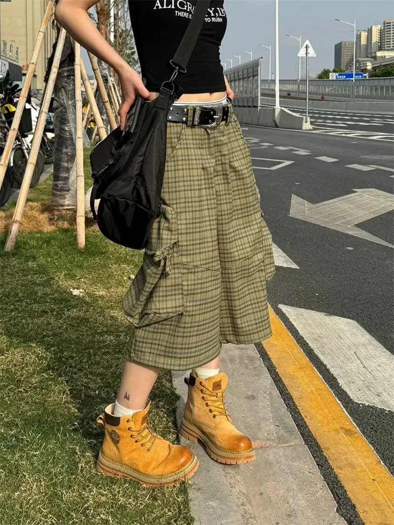 Street Plaid Large Pocket Workwear Cropped Pants for men Women 2025 Summer New Loose American Style Trendy Brand Wide Leg Pants