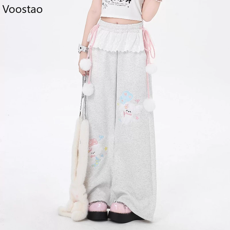 Pink Japanese Kawaii Lolita Style Wide Leg Pants Women Sweet Puppy Embroidery Lace Patchwork Trousers Girls Casual Sweatpants